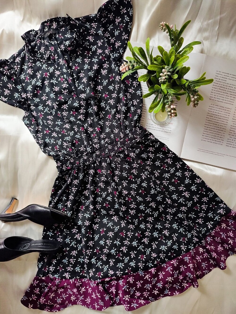 Ann Taylor Black Dress with Pink and White Floral Print